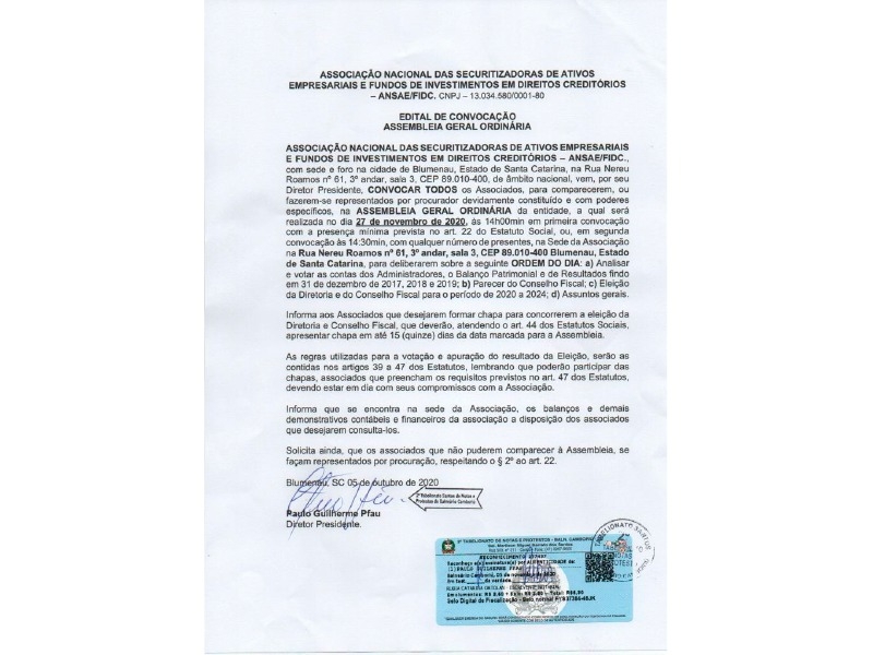 Edital de Convocação  Assembleia  Geral Ordinária  - ANSAE/FIDC 